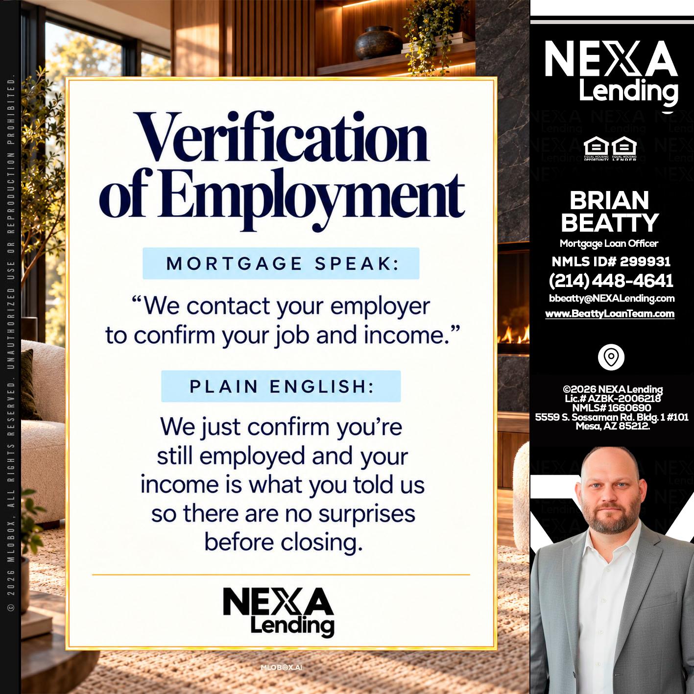 VERIFICATION OF EMPLOYMENT - Brian Beatty -Mortgage Loan Officer